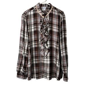 Chico’s Womens Shirt Plaid Ruffle Neck Button Up 3 XL